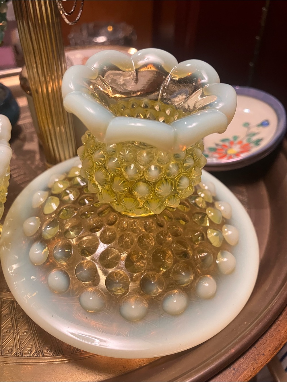 Vintage Fenton Topaz Opalescent Hobnail Uranium Glass Candle Holder
GLOWS 395